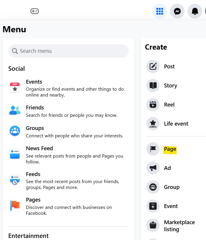 A screenshot showing where to go on Facebook to create a new page.