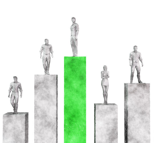 An illustration showing people standing on top of bar graph segments with one in green, symbolizing the rise to SEO authority for authors.